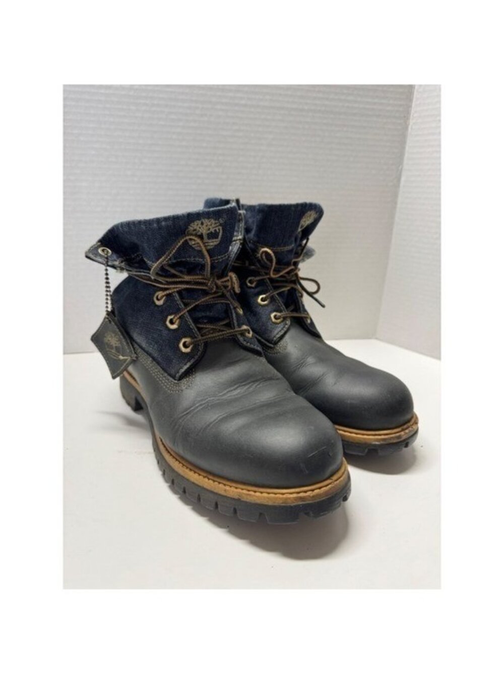 Timberland Roll Top Boots Black Leather Denim Fold Down Lug Sole Mens 8.5 M